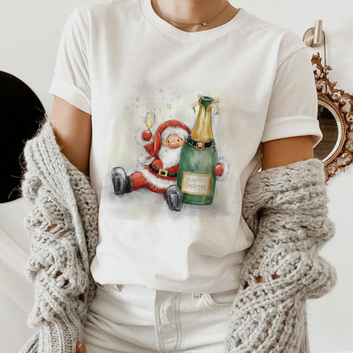 Hello Christmas Women White T-Shirt V