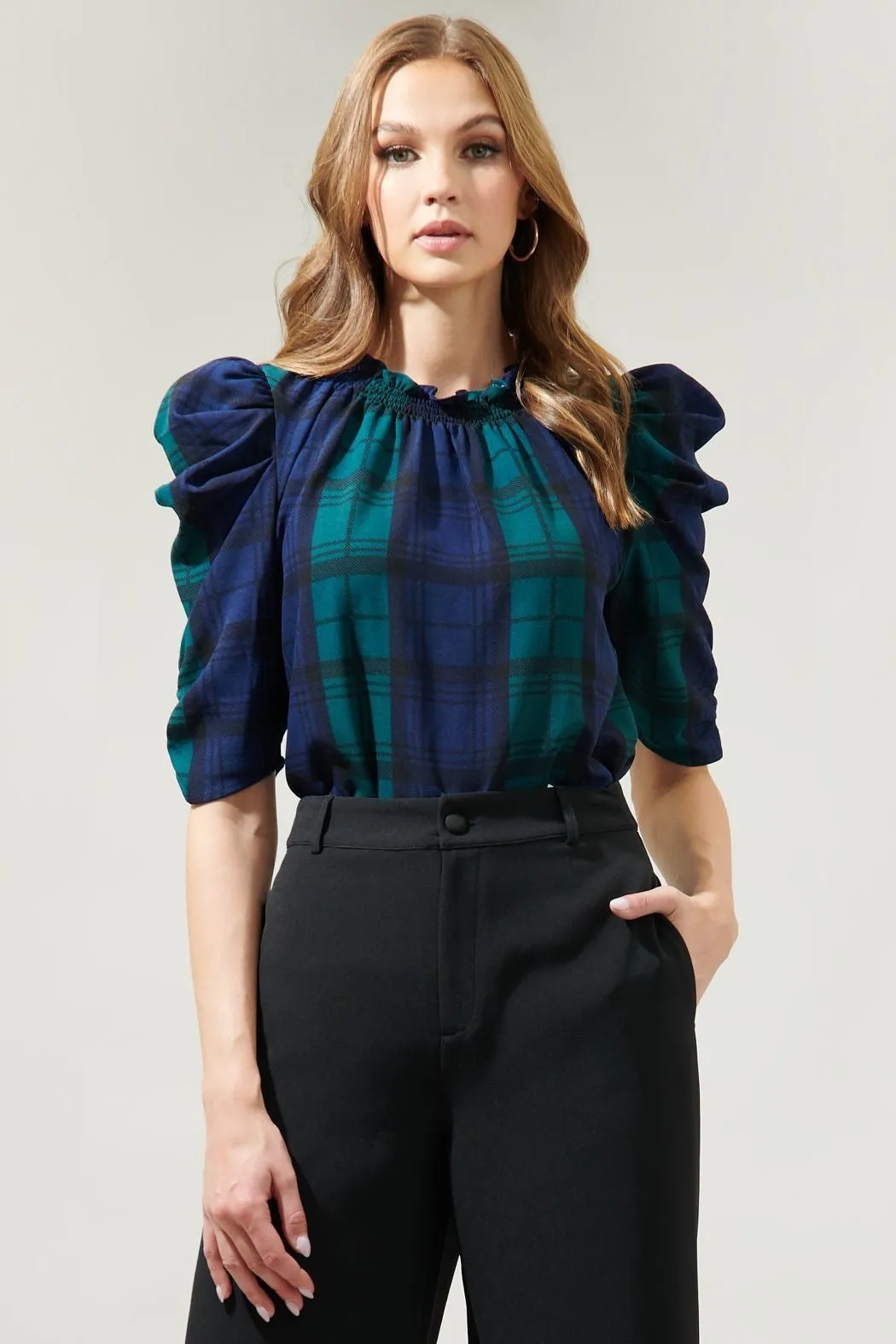 Hudson Plaid Ruched Sleeve Top