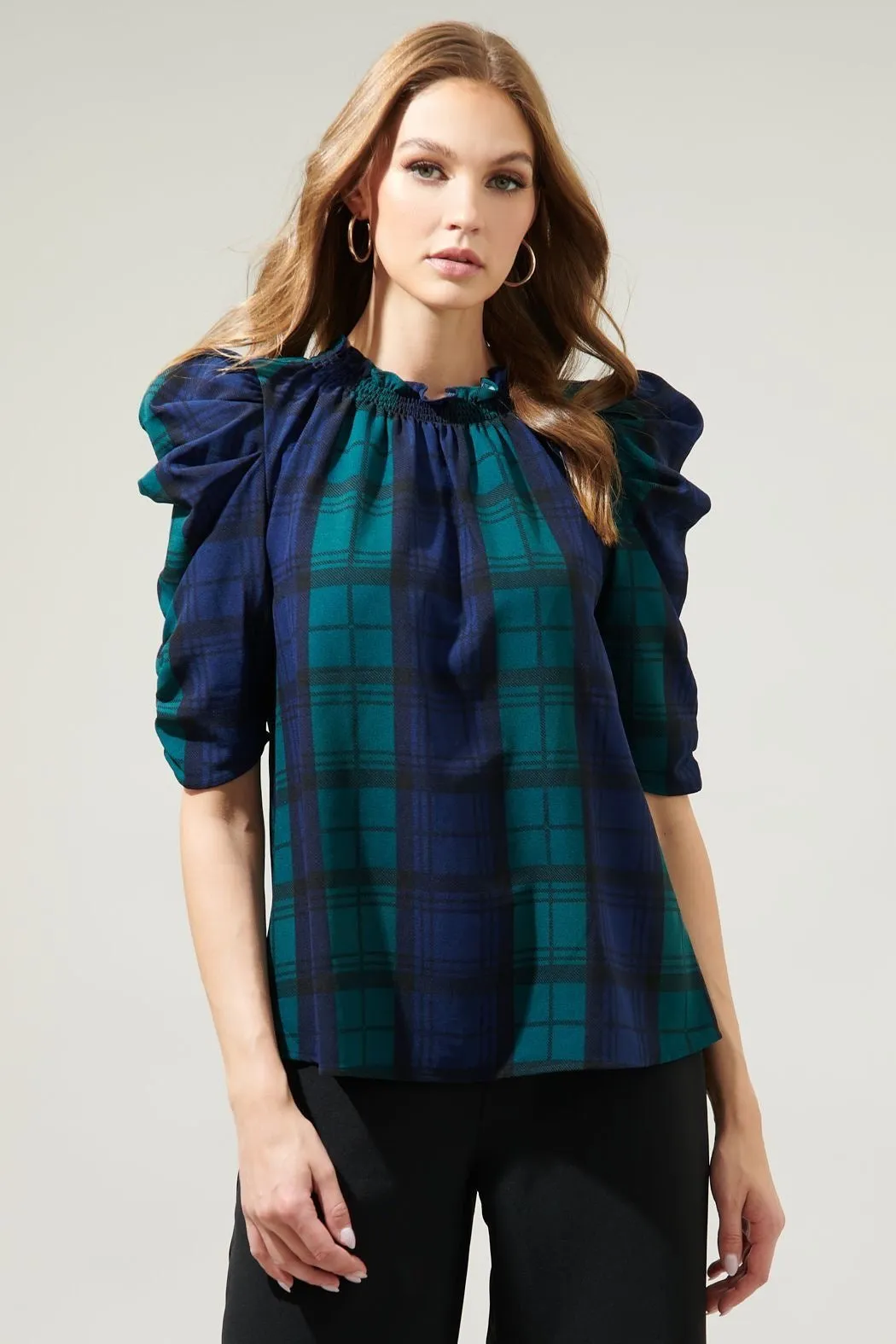 Hudson Plaid Ruched Sleeve Top