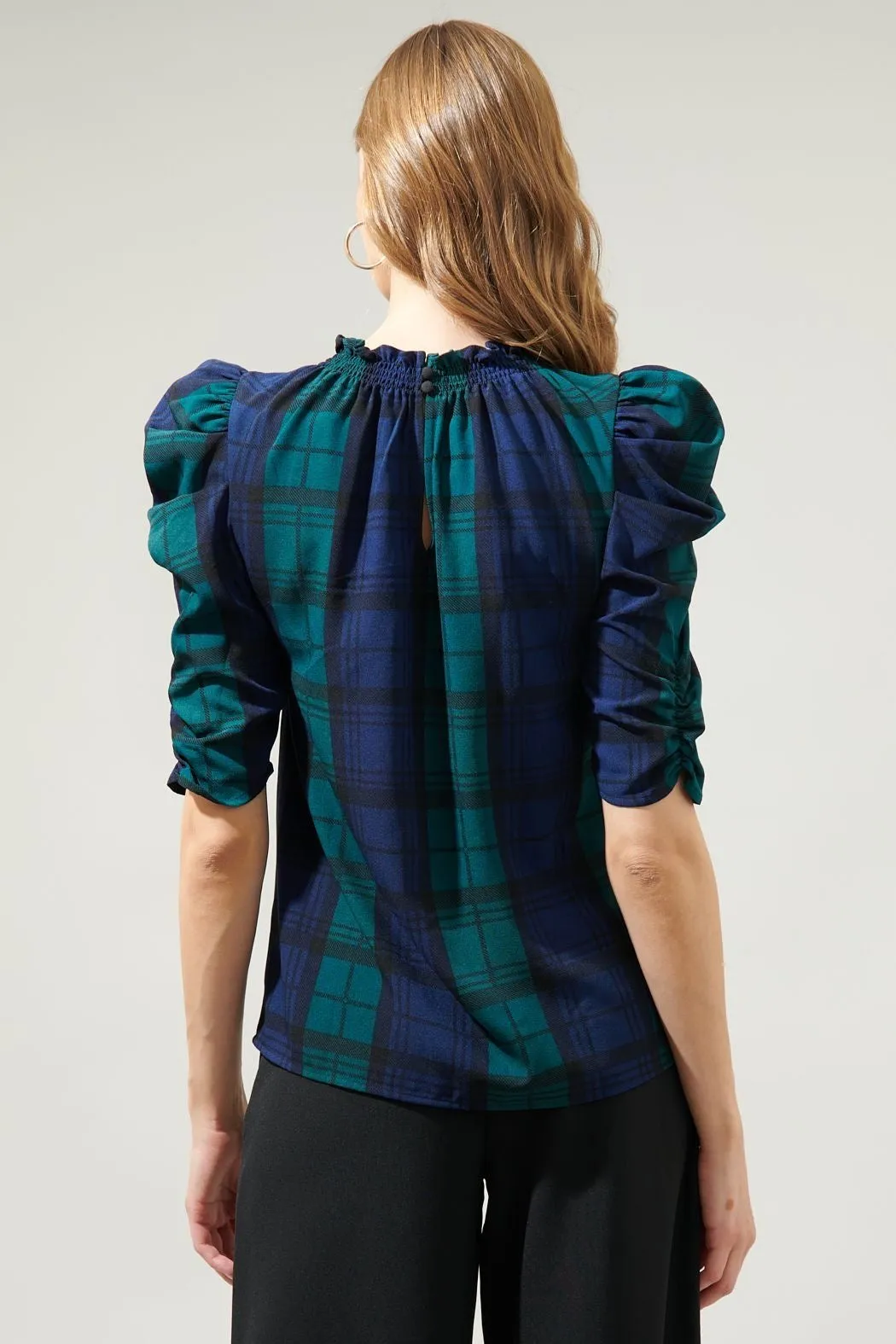 Hudson Plaid Ruched Sleeve Top