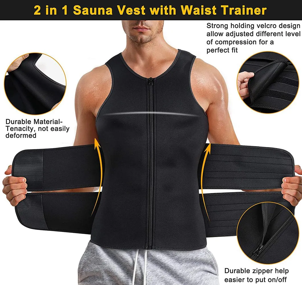 Junlan  Men Sauna Zipper Tank Top with Double Belts