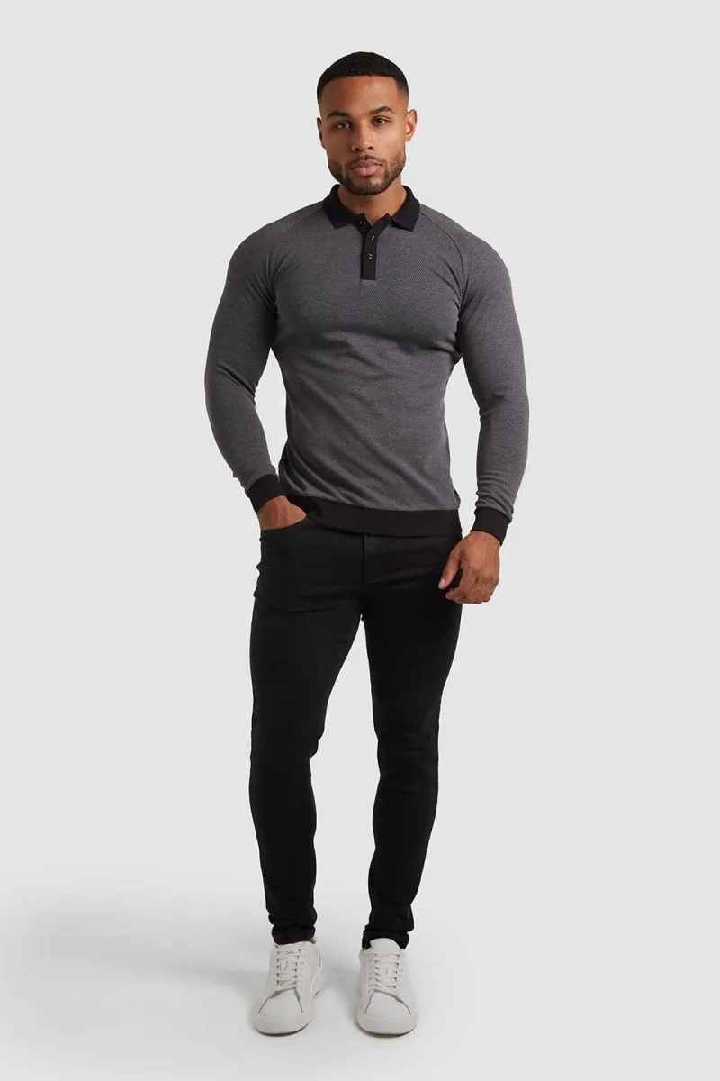 Knit Look Polo Shirt in Charcoal