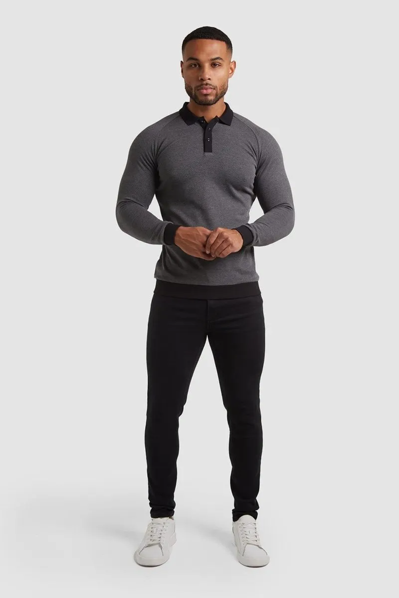 Knit Look Polo Shirt in Charcoal