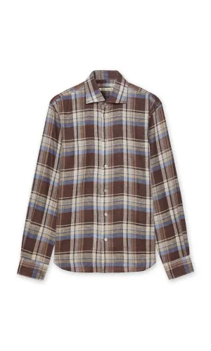 LARGE PLAID LINEN SHIRT - BROWN BLUE BEIGE