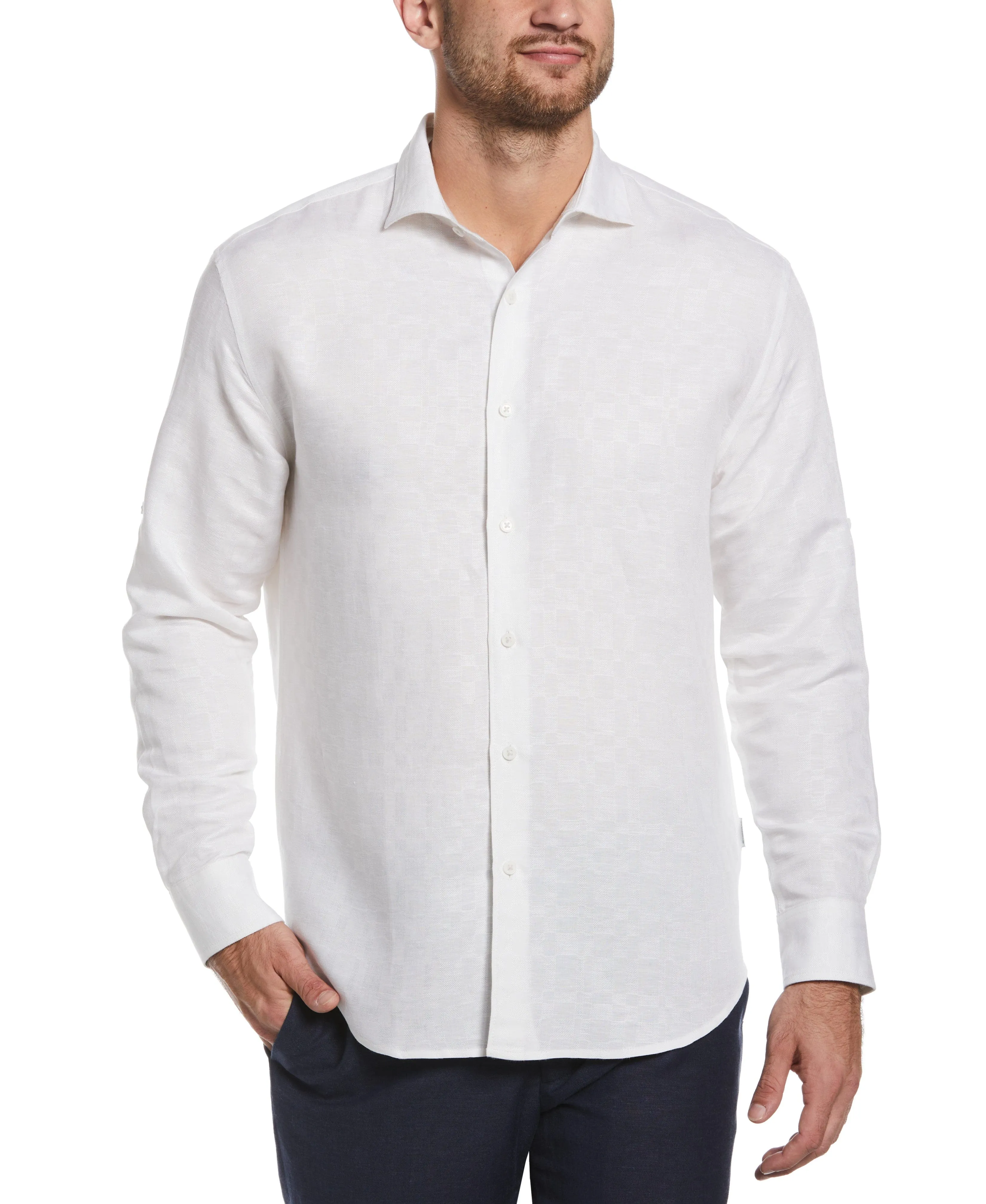 Linen Blend Plaid Dobby Roll Sleeve Shirt