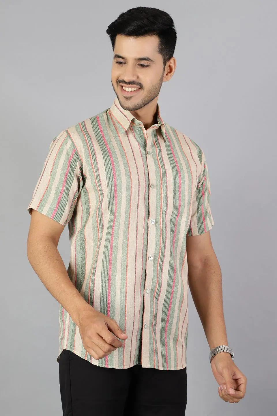Linen Cotton Multicolored Stripe Shirt