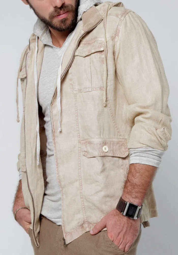 Linen Jacket With Detachable Hoodie & Button Pockets