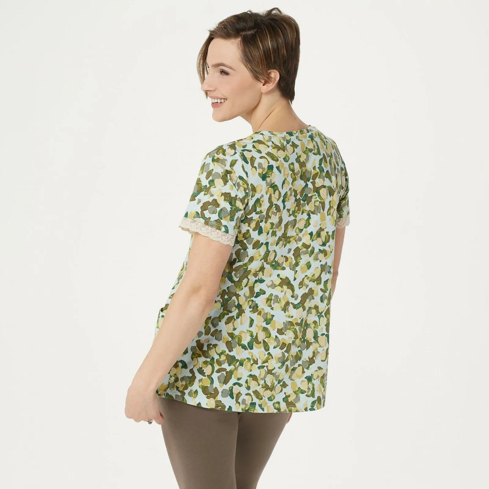 LOGO by Lori Goldstein Women's Printed Cotton Modal Knit Top with Sleeve Detail