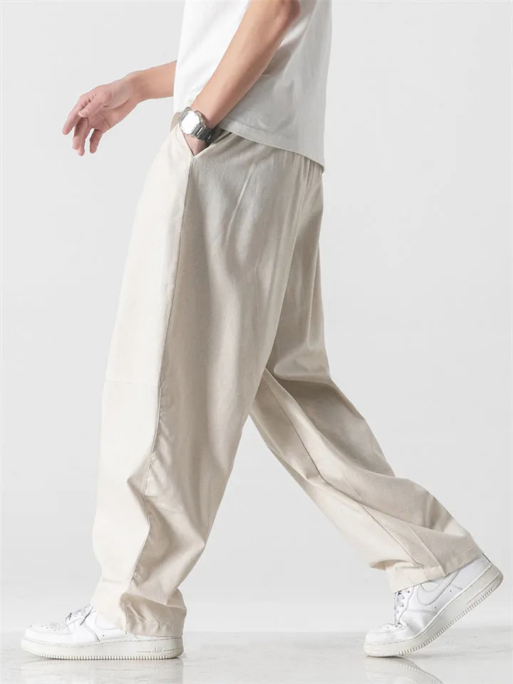 Male Plain Cotton Linen Summer Straight Leg Pants