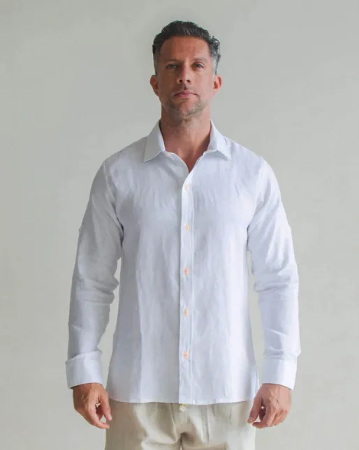 Mallorca Linen Shirt - White/Neon Orange