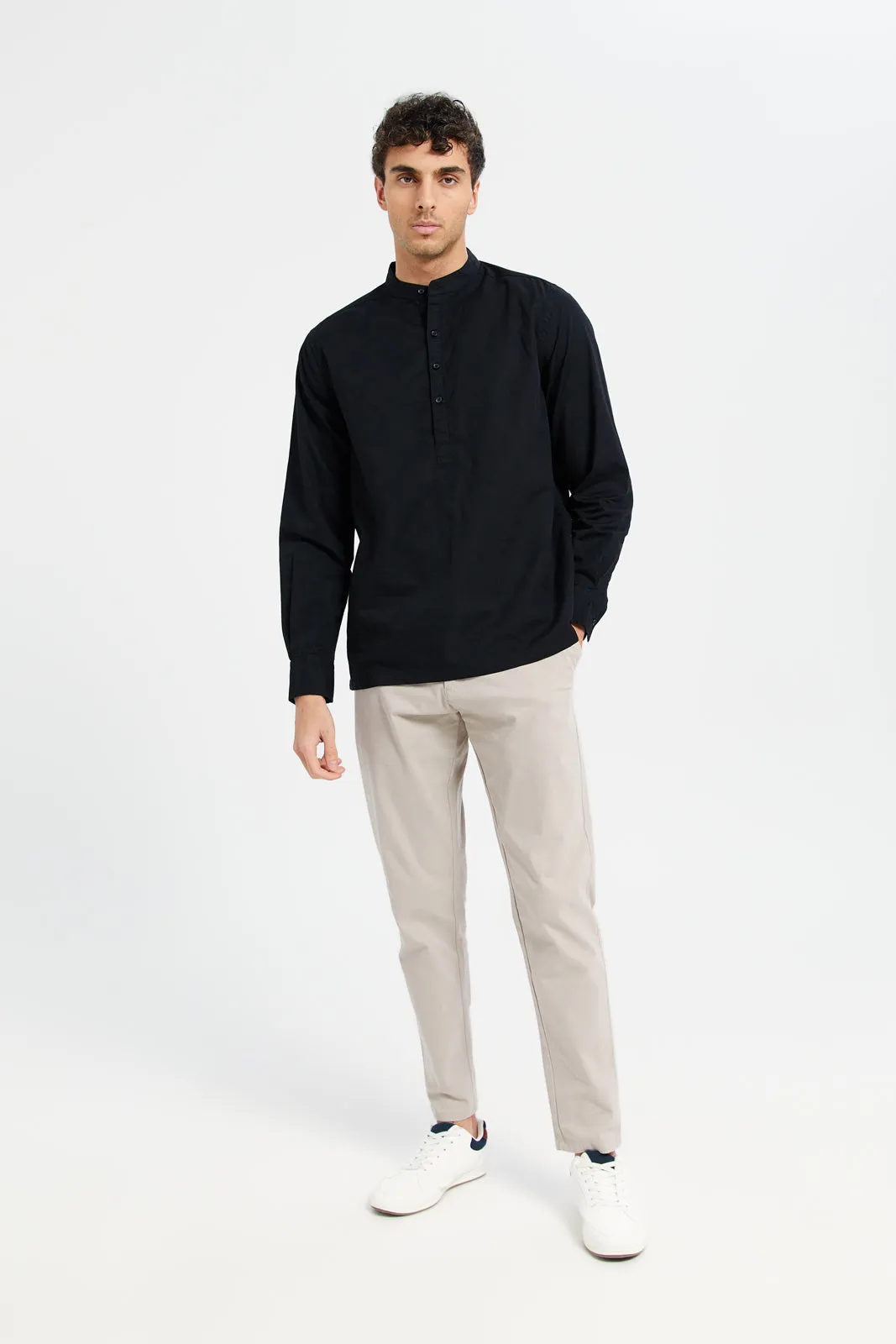 Men Black Linen Blend Polo Collar Shirt