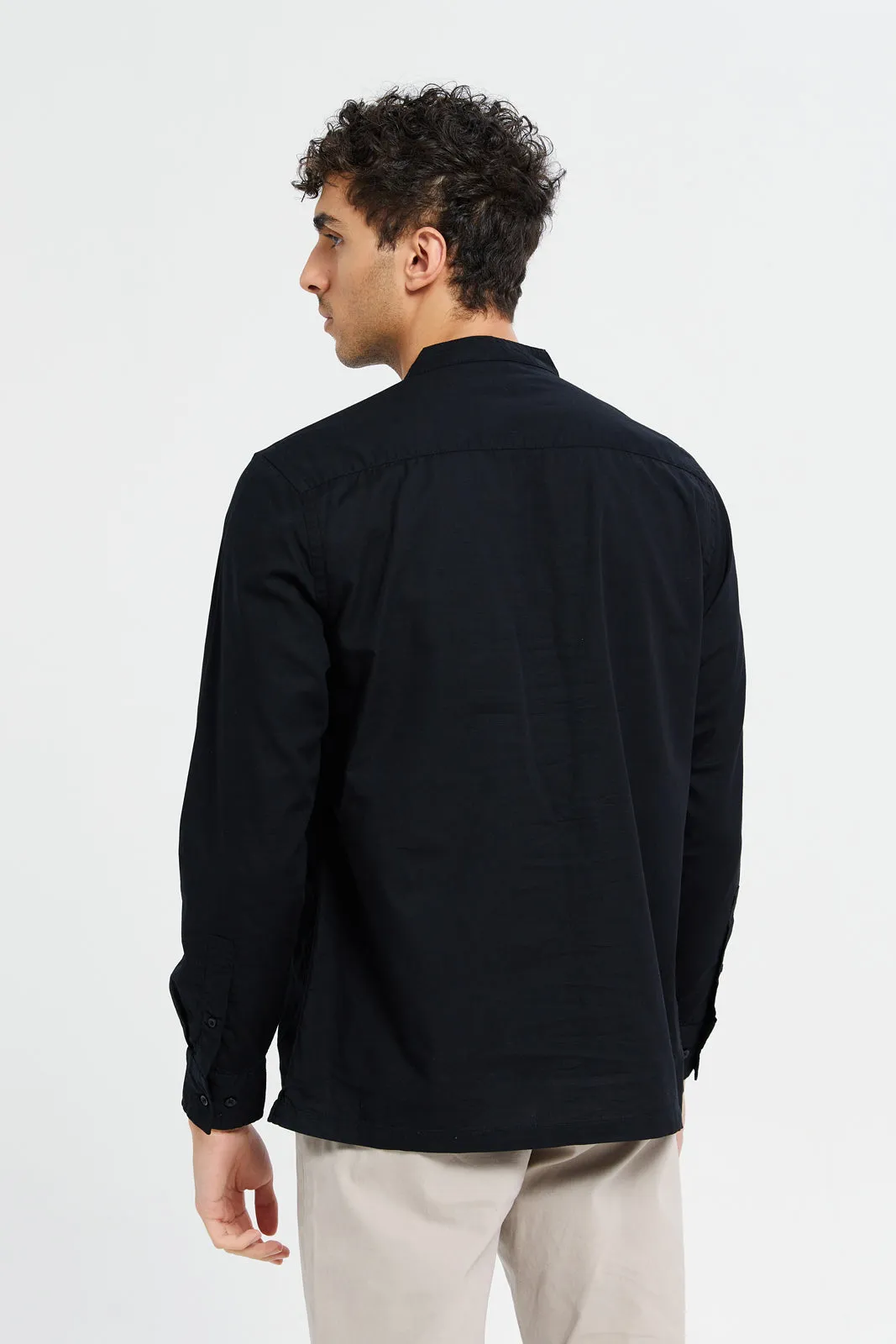 Men Black Linen Blend Polo Collar Shirt