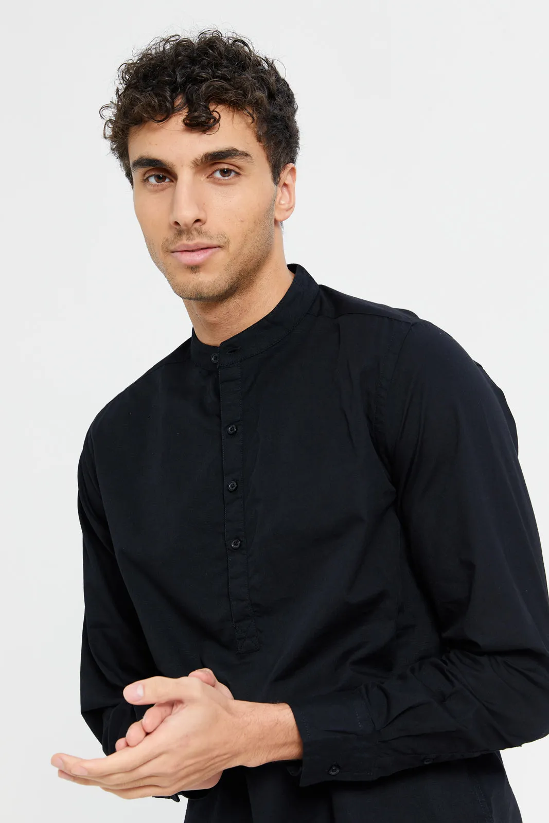 Men Black Linen Blend Polo Collar Shirt