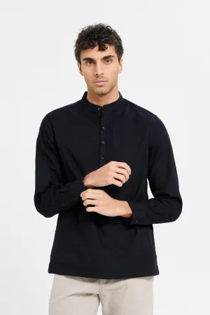Men Black Linen Blend Polo Collar Shirt