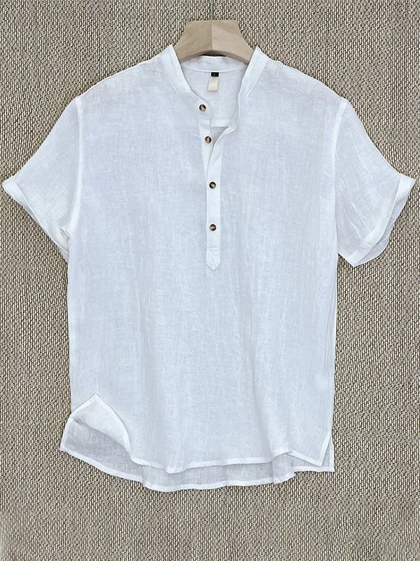 Men's 100% Linen Stand Collar Half Sleeve T-Shirt