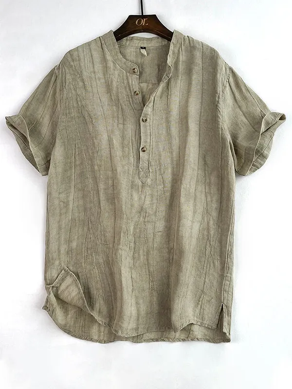 Men's 100% Linen Stand Collar Half Sleeve T-Shirt