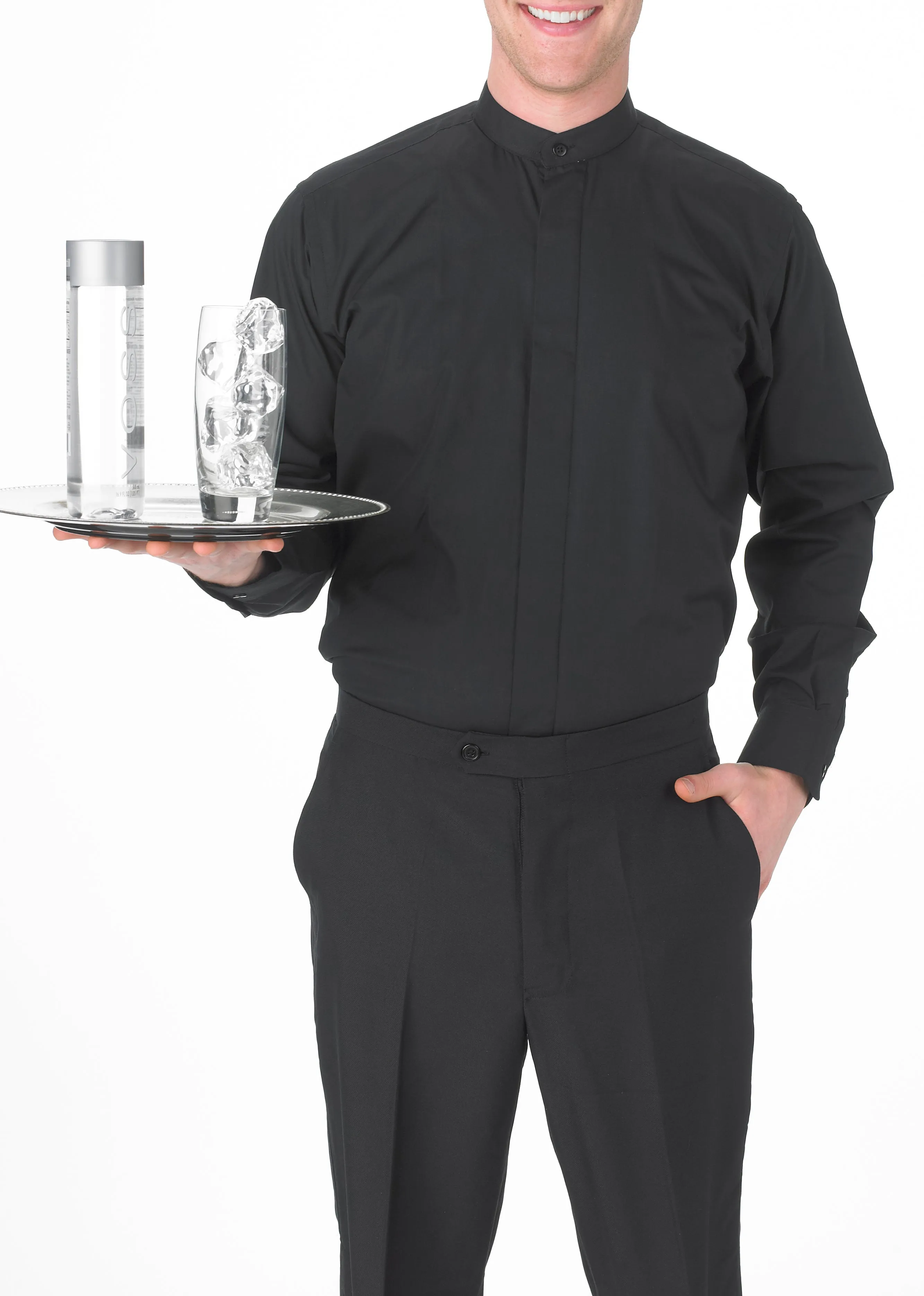 Men's Black, Banded Collar, Long Sleeve Dress Shirt