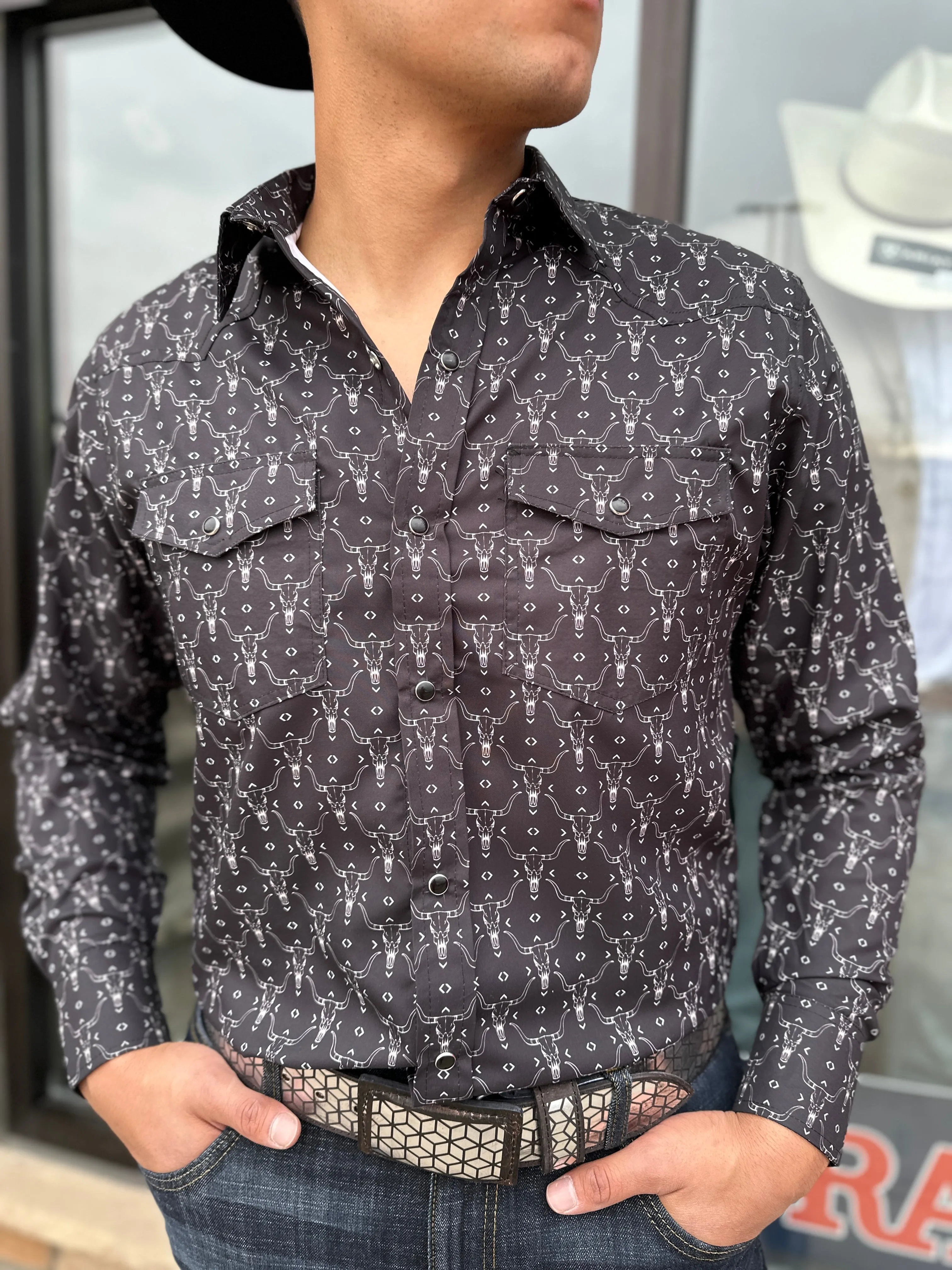 Men’s Black Longhorn Print Shirt