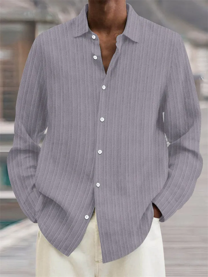 Men's Button Up Long Sleeves Stripe Texture Cotton Linen Shirts