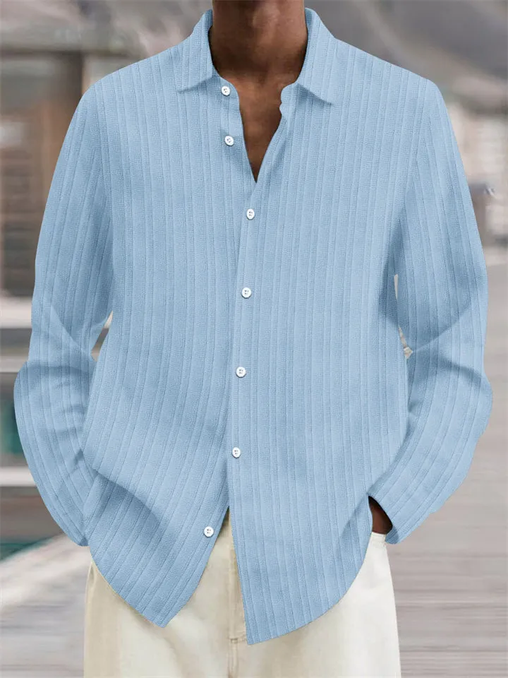 Men's Button Up Long Sleeves Stripe Texture Cotton Linen Shirts