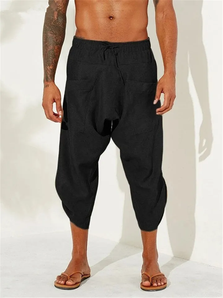 Men's Calf-Length Drawstring Linen Harem Pants