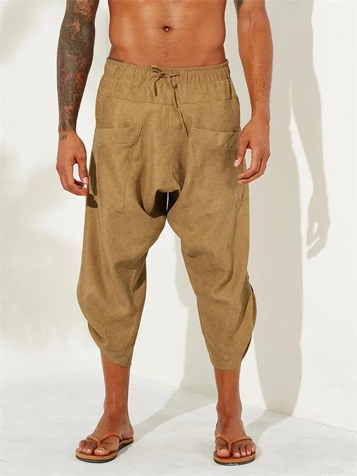 Men's Calf-Length Drawstring Linen Harem Pants