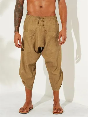 Men's Calf-Length Drawstring Linen Harem Pants