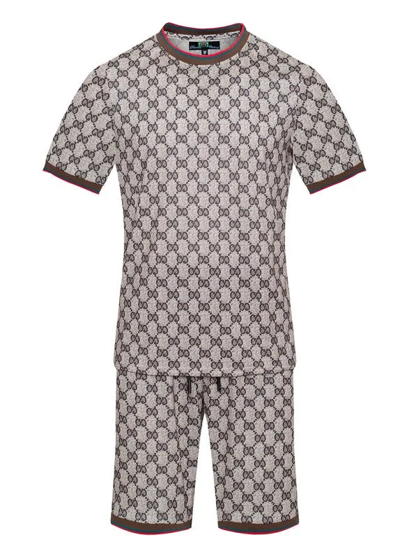 Men's Casual Pattern Design Khaki/Red Short Set