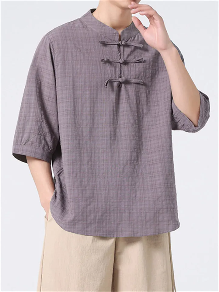Men's Chinese Style Stand Collar Short Sleeve Linen Plaid Shirt