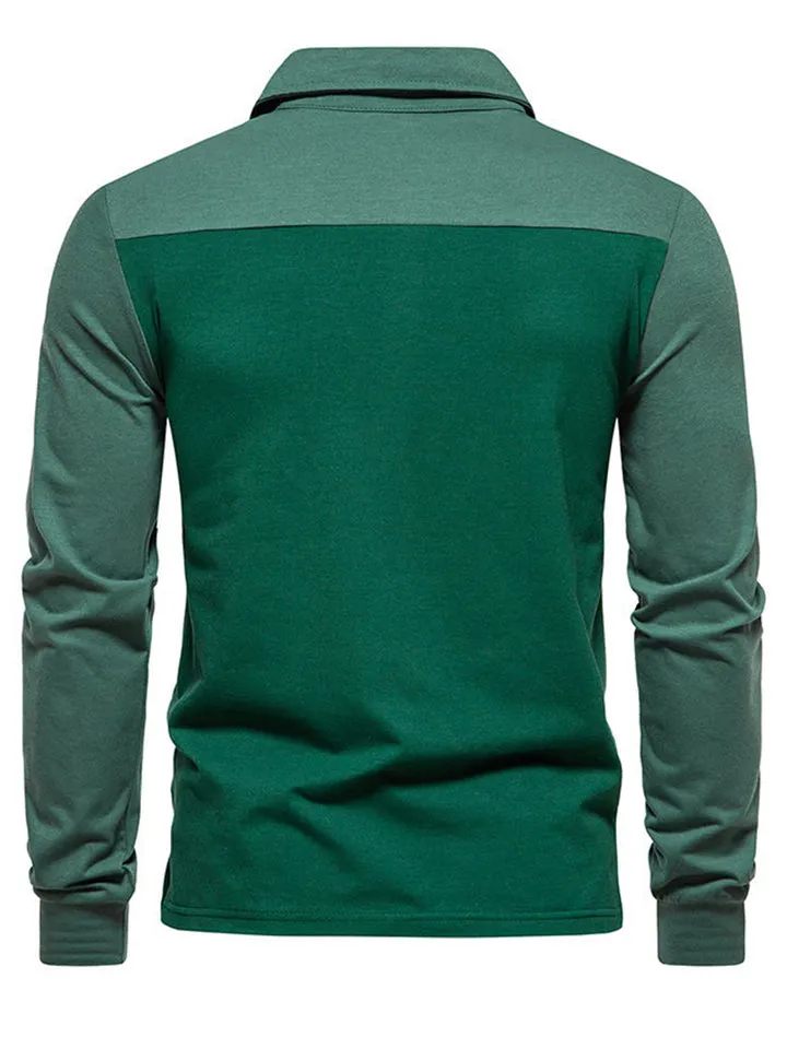 Men's Contrast Color Splicing Long Sleeve Polo Shirt