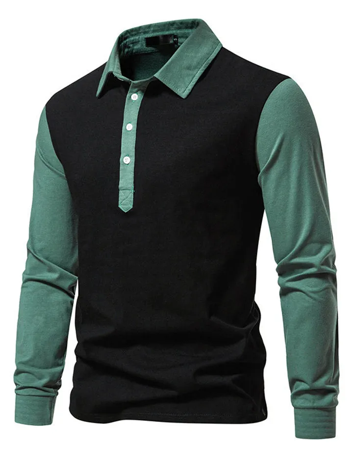 Men's Contrast Color Splicing Long Sleeve Polo Shirt