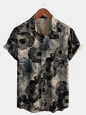 Men's Retro Floral Casual Button Up Short Sleeve Shirt