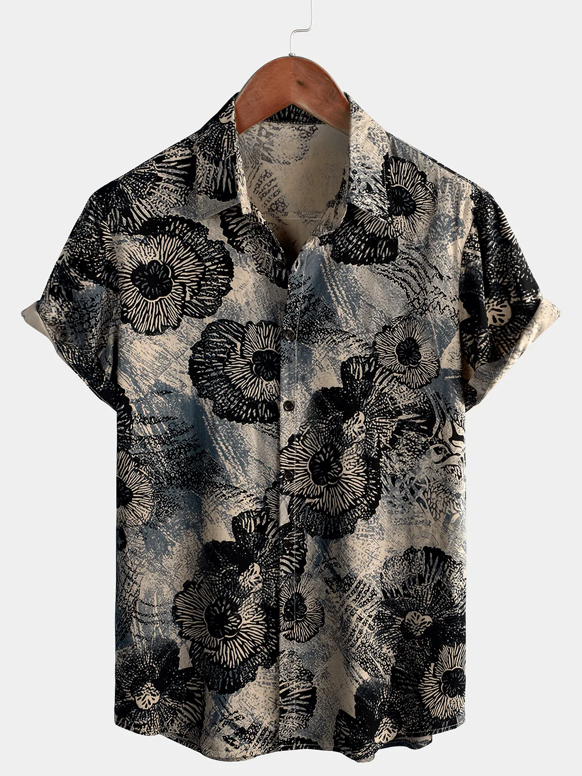 Men's Retro Floral Casual Button Up Short Sleeve Shirt