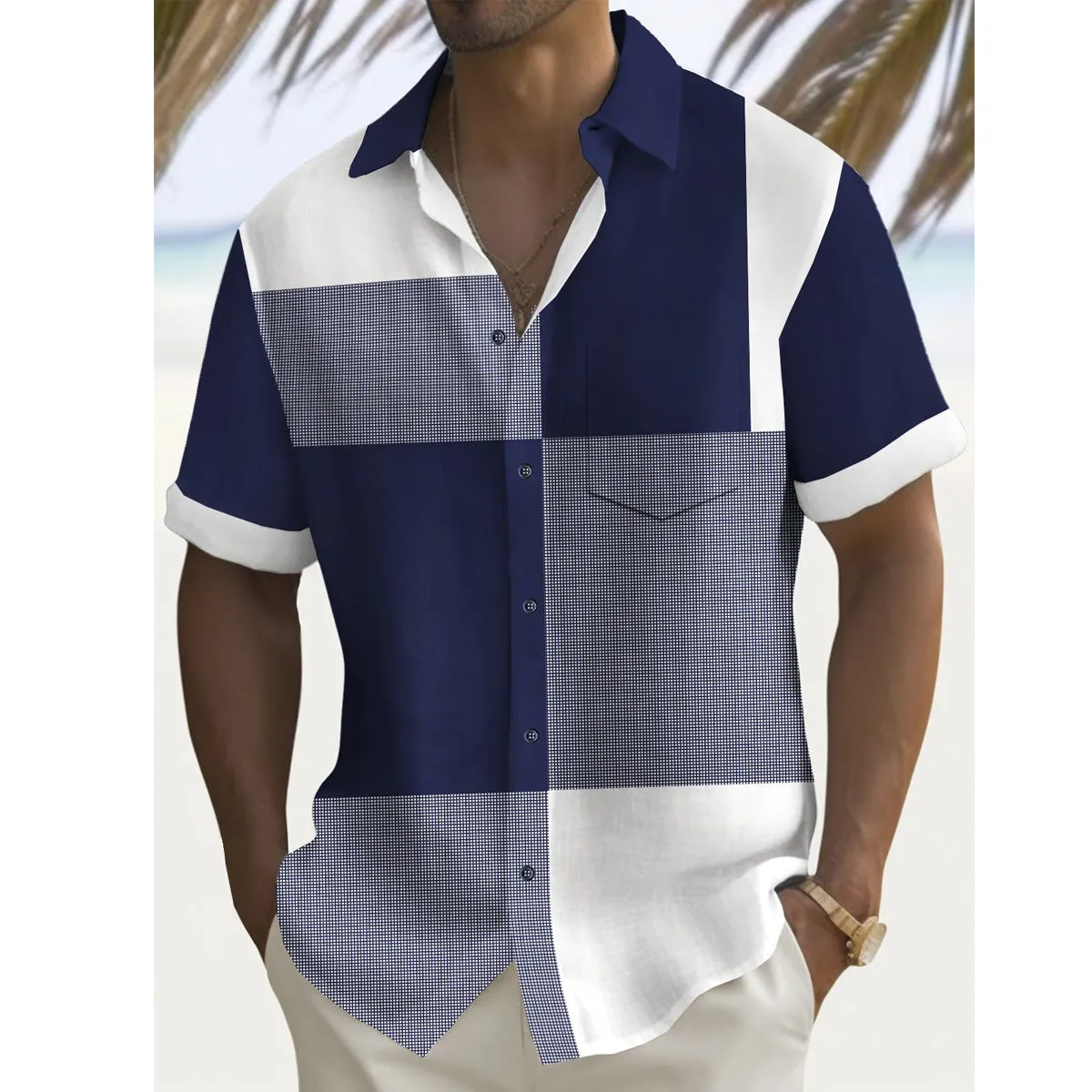 Men's Retro Geometric Plaid Print Short Sleeve Shirt