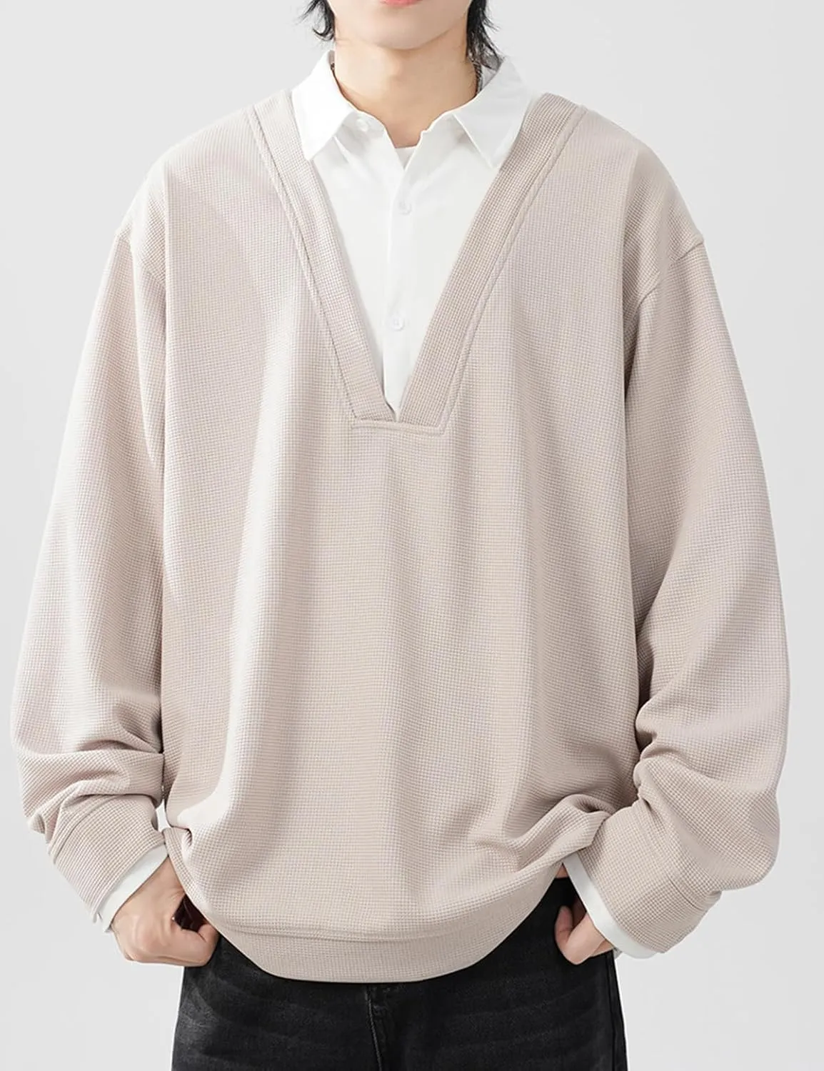 Men's Rugby Polo Long Sleeve Shirt Color Block Collared Sweatshirt Casual Golf Patchwork Tops