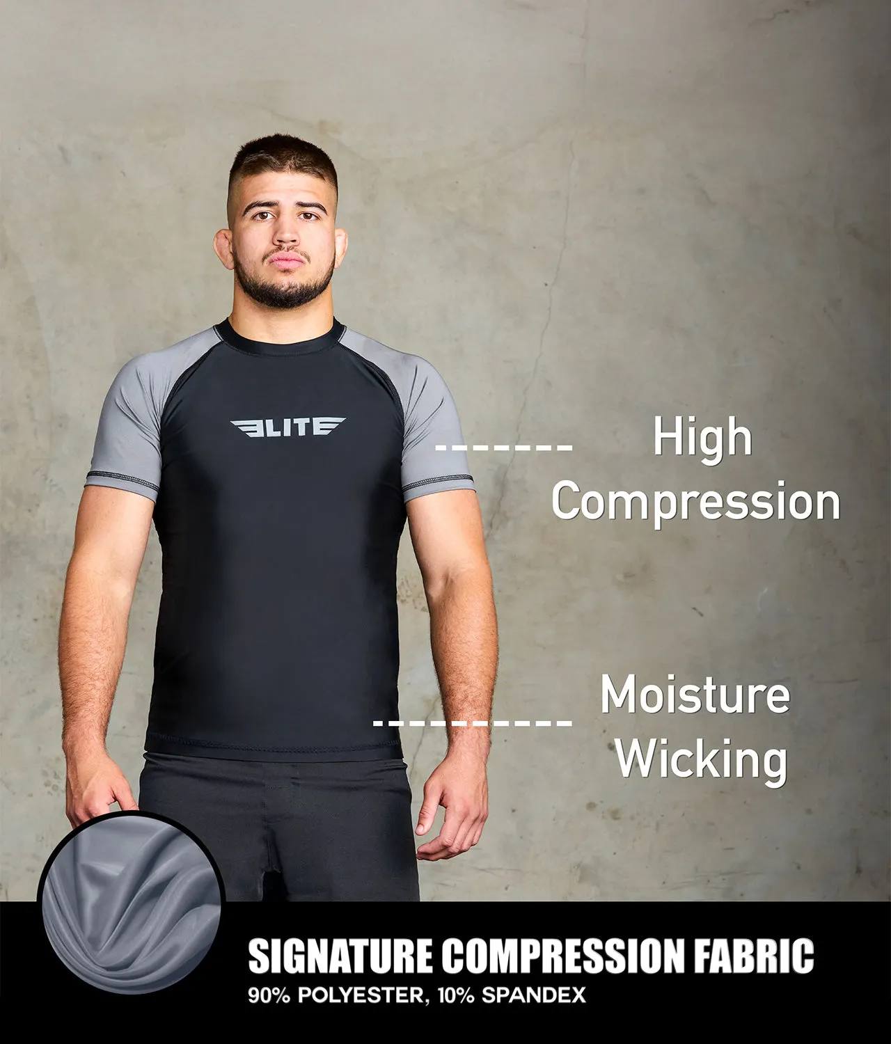 Men's Standard Gray Short Sleeve No-Gi BJJ Rash Guard