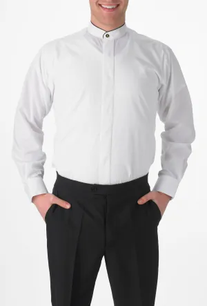 Men's White, Banded Collar, Long Sleeve Dress Shirt with Black Piping