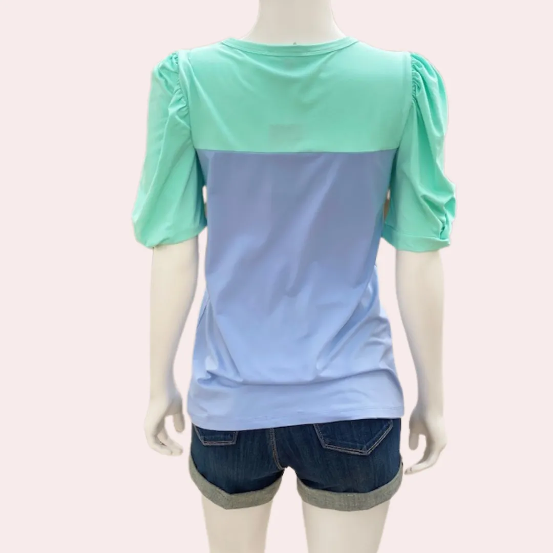 Mint and blue puff sleeve top