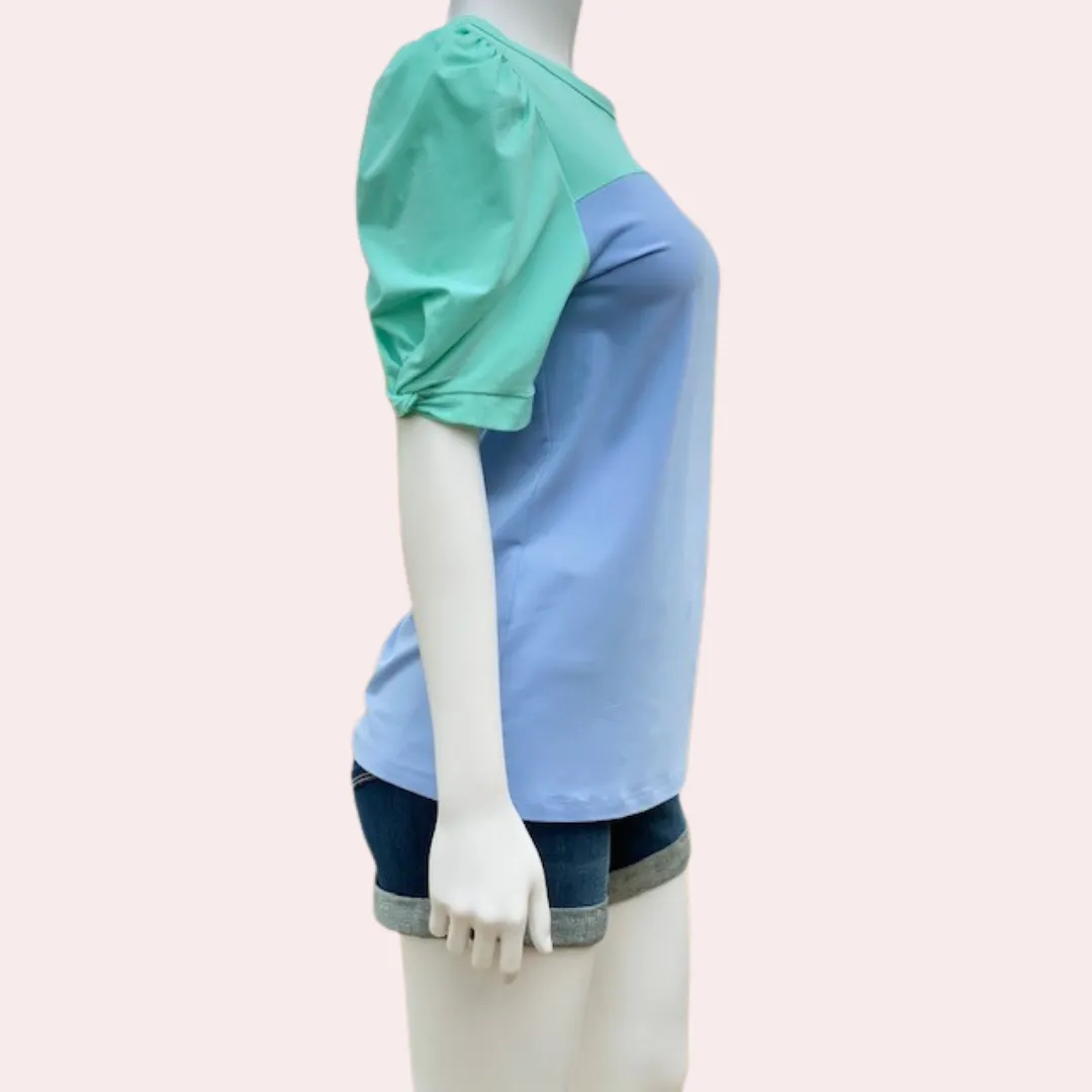 Mint and blue puff sleeve top