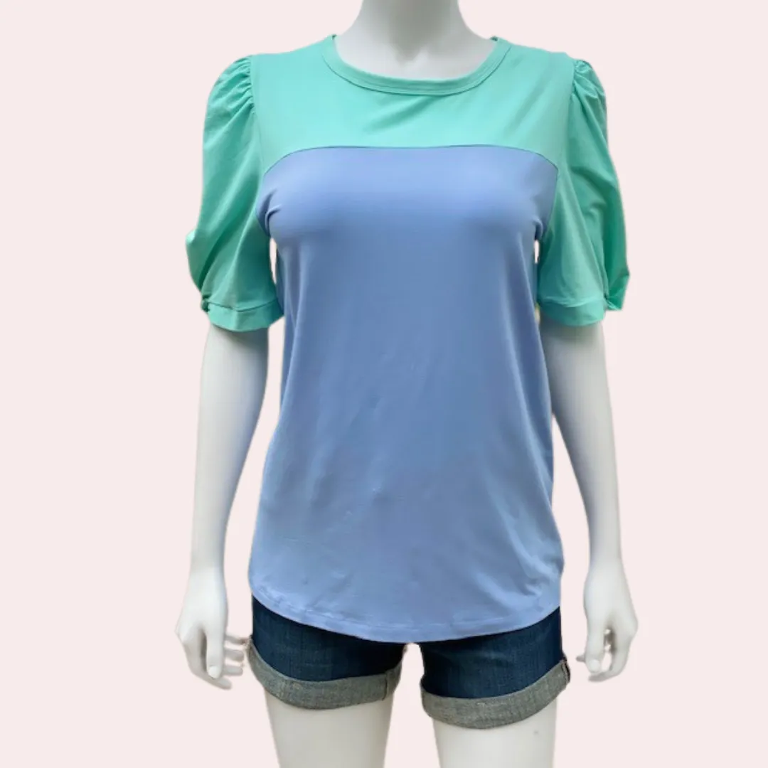 Mint and blue puff sleeve top