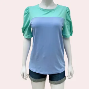 Mint and blue puff sleeve top