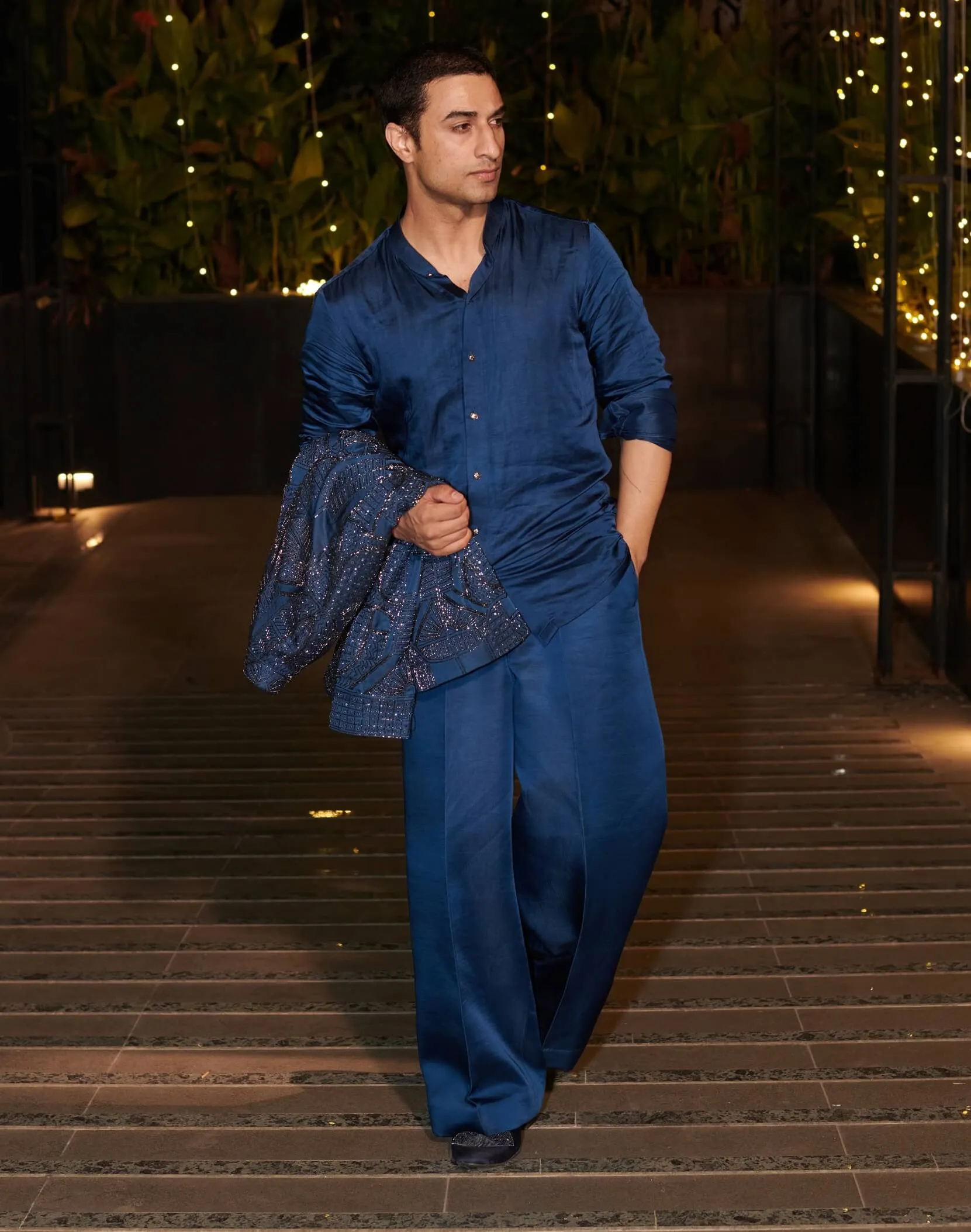 Navy blue short jacket and pant set