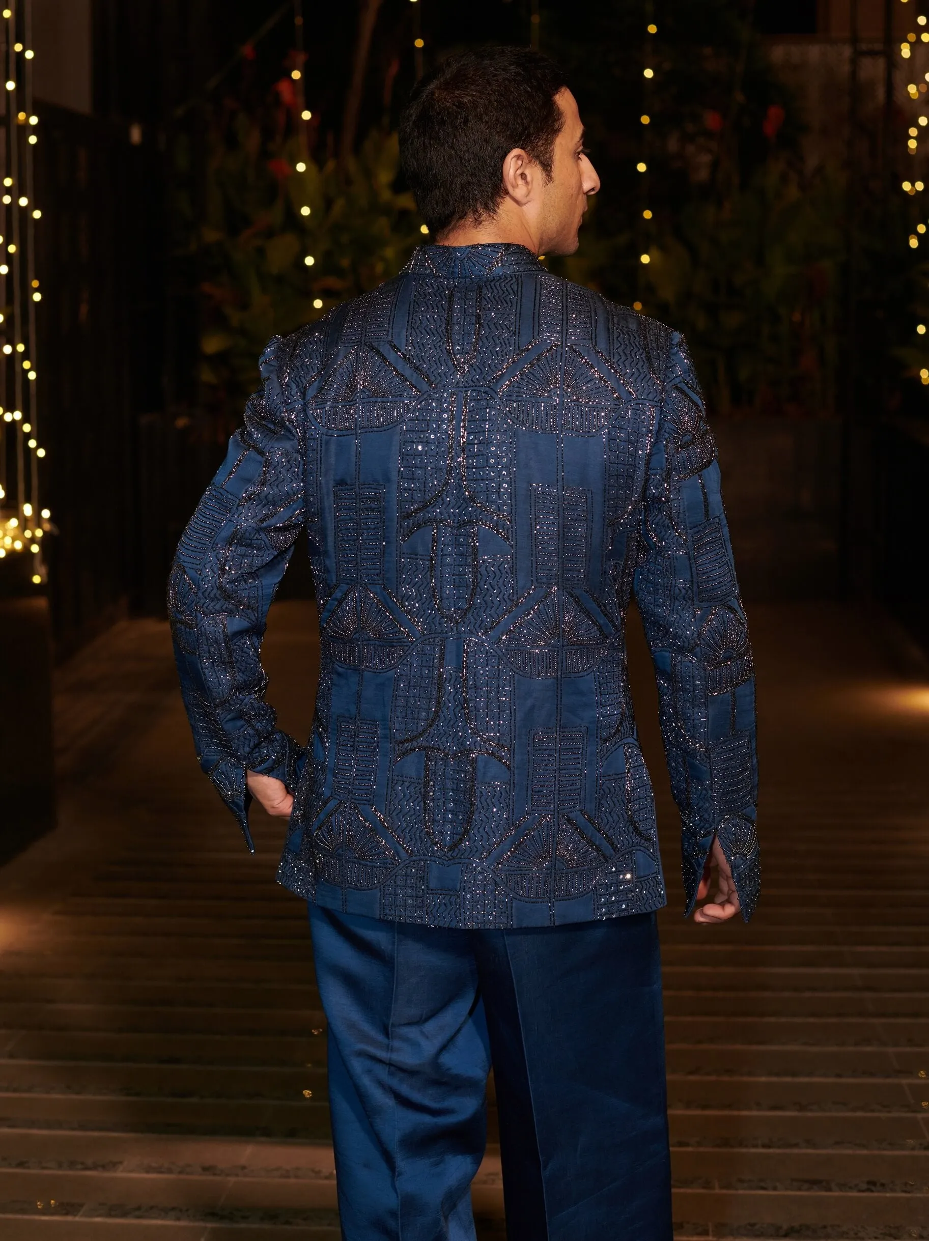 Navy blue short jacket and pant set