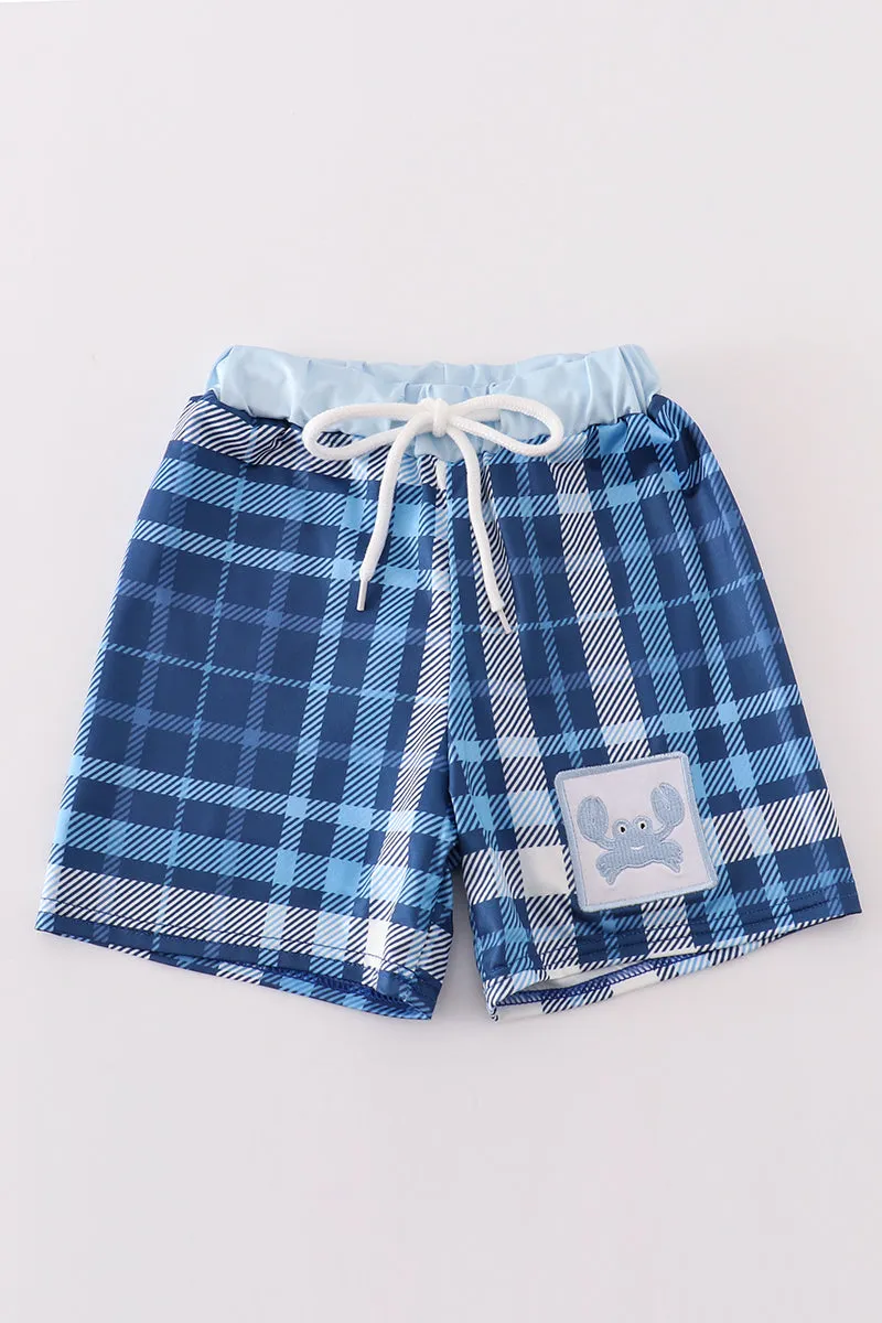 Navy Plaid Crab Embroidery Boy Swim Trunks