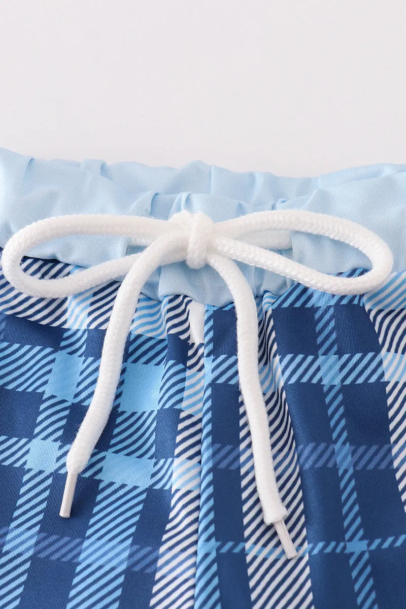Navy Plaid Crab Embroidery Boy Swim Trunks
