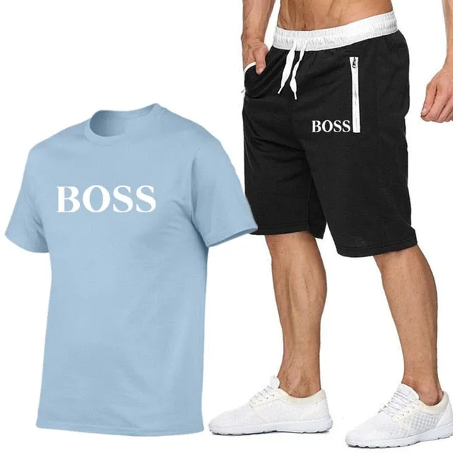 New Fashion Sportsuit and Tee Shirt Set Mens T Shirt Shorts   Short Pants Men Summer Tracksuit Men Casual Brand Boss Tee Shirts