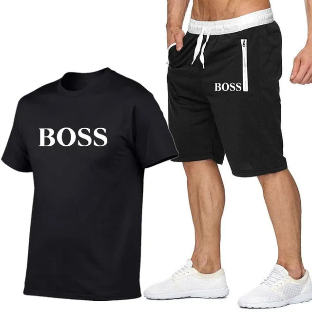 New Fashion Sportsuit and Tee Shirt Set Mens T Shirt Shorts   Short Pants Men Summer Tracksuit Men Casual Brand Boss Tee Shirts