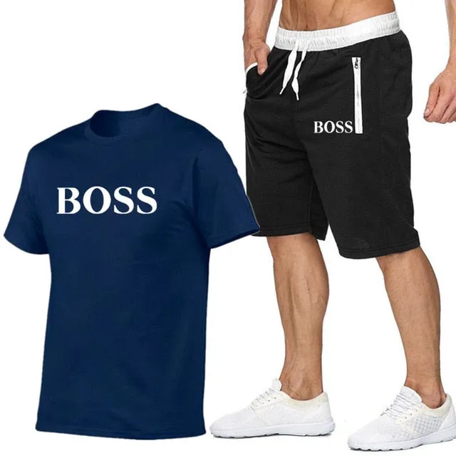 New Fashion Sportsuit and Tee Shirt Set Mens T Shirt Shorts   Short Pants Men Summer Tracksuit Men Casual Brand Boss Tee Shirts