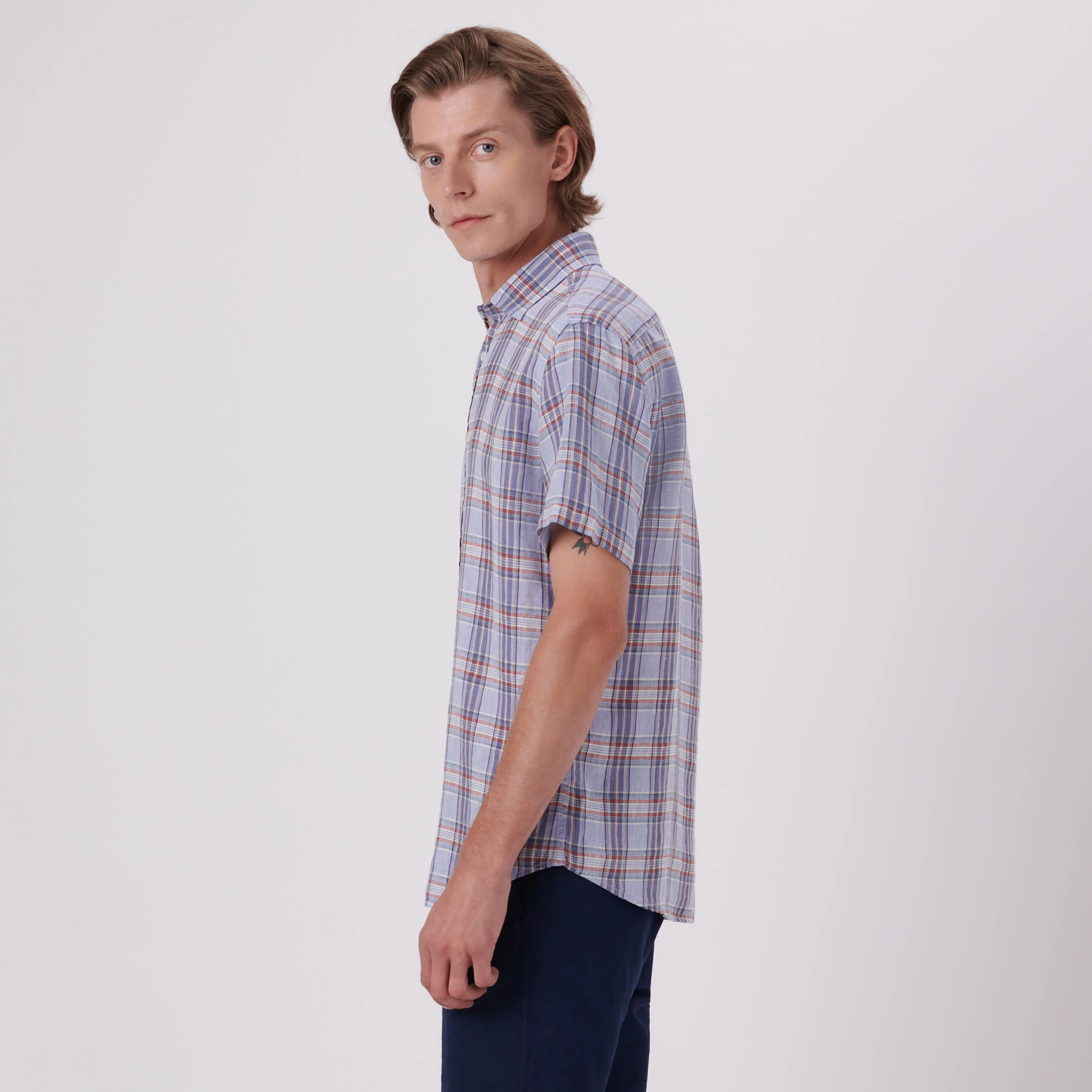 Orson Plaid Check Short Sleeve Linen Shirt
