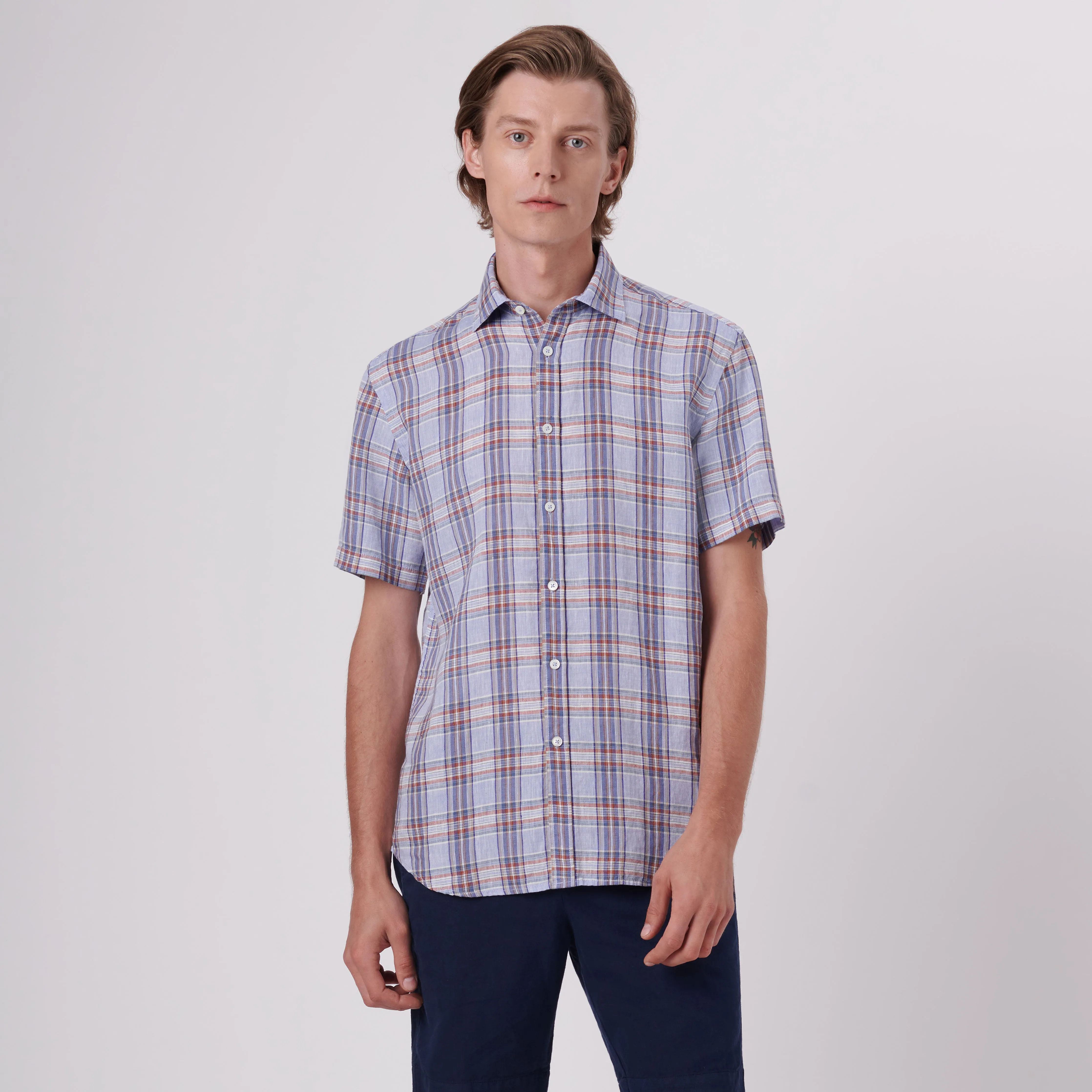 Orson Plaid Check Short Sleeve Linen Shirt